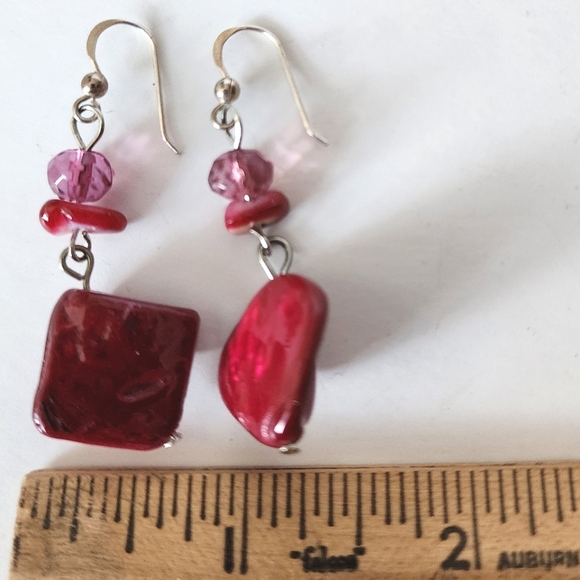 Red Pierced Earrings Resin Coated Beaded - Picture 5 of 6